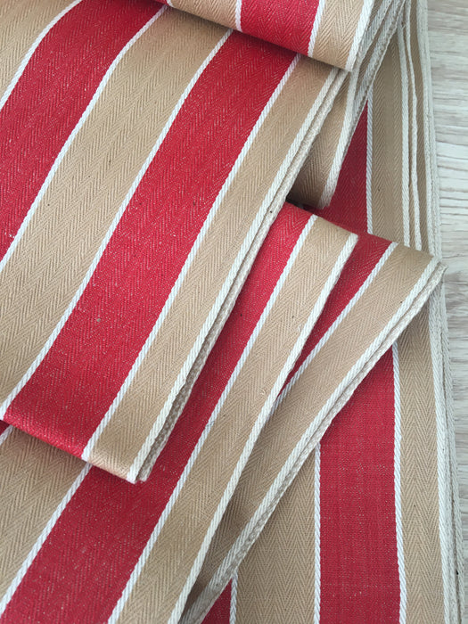 Finnish ticking in tan, red, and white stripes. c.1930 - 94 cm × 3 meters (9 m avail.)