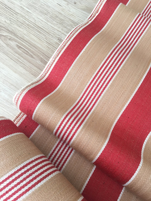 Finnish ticking in tan, red, and white stripes. c.1930 - 94 cm × 2.5 meters (5 m avail.)