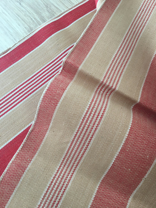 Finnish ticking in tan, red, and white stripes. c.1930 - 94 cm × 2.5 meters (5 m avail.)