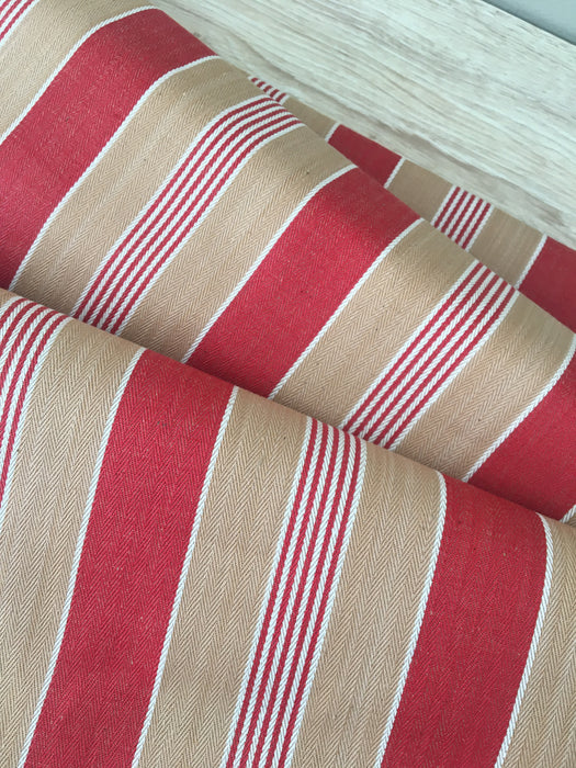 Finnish ticking in tan, red, and white stripes. c.1930 - 94 cm × 2.5 meters (5 m avail.)