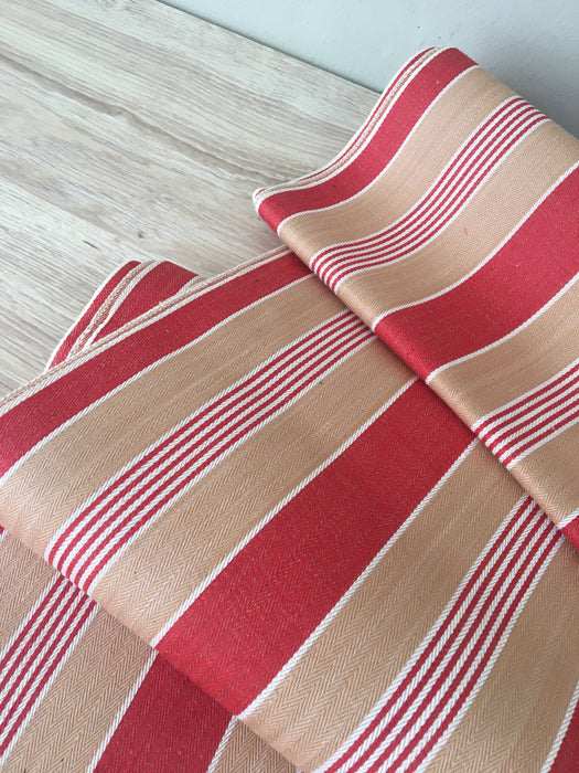 Finnish ticking in tan, red, and white stripes. c.1930 - 94 cm × 2.5 meters (5 m avail.)
