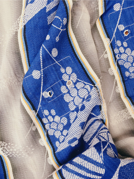 Jacquard and mixed stripes ticking in blue and grey. Spain c.1940 - 41×150 cm