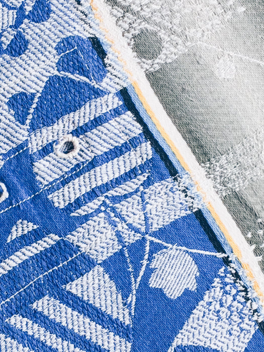 Jacquard and mixed stripes ticking in blue and grey. Spain c.1940 - 41×150 cm