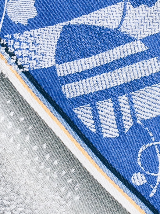 Jacquard and mixed stripes ticking in blue and grey. Spain c.1940 - 41×150 cm