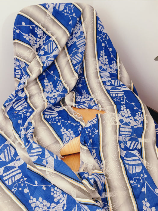 Jacquard and mixed stripes ticking in blue and grey. Spain c.1940 - 41×150 cm