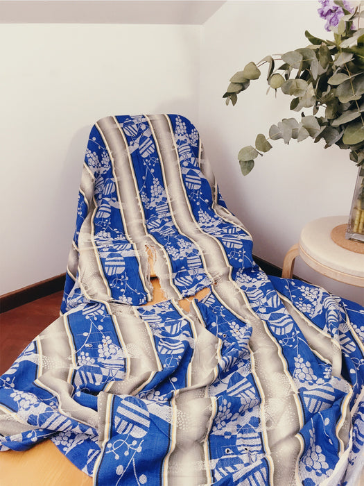 Jacquard and mixed stripes ticking in blue and grey. Spain c.1940 - 41×150 cm