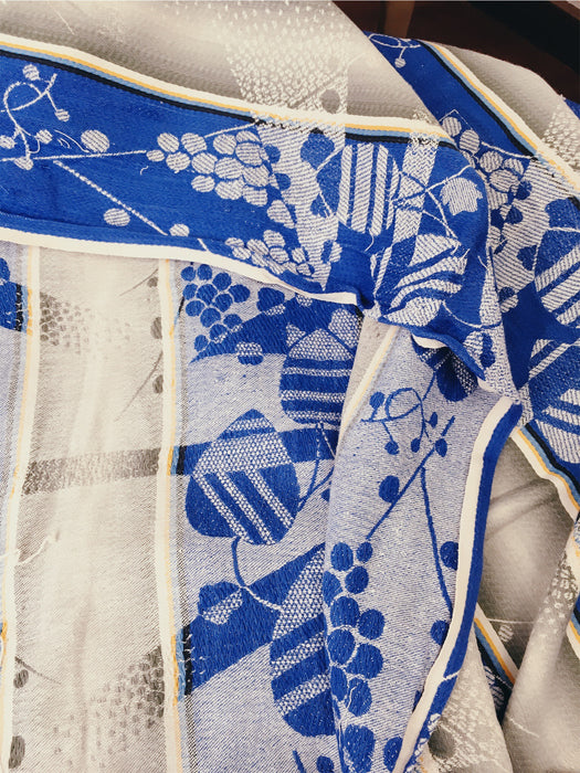 Jacquard and mixed stripes ticking in blue and grey. Spain c.1940 - 41×150 cm