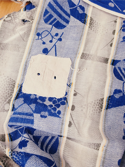 Jacquard and mixed stripes ticking in blue and grey. Spain c.1940 - 41×150 cm