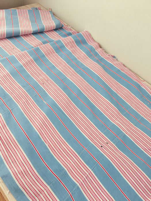 “Four pink stripes and one more” Cheerful ticking fabric. Spain c.1940 - Lot of 2 pieces