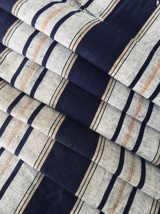 Handwoven blue, white, and toffee striped ticking. Very rare. Spain. Early 1900s