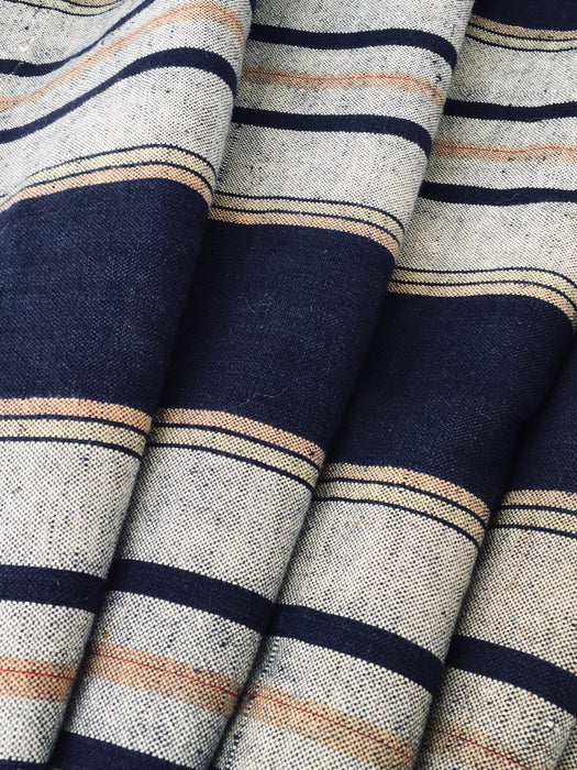 Handwoven blue, white, and toffee striped ticking. Very rare. Spain. Early 1900s