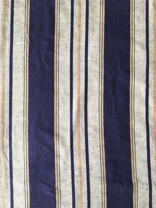 Handwoven blue, white, and toffee striped ticking. Very rare. Spain. Early 1900s