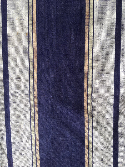 Handwoven blue, white, and toffee striped ticking. Very rare. Spain. Early 1900s