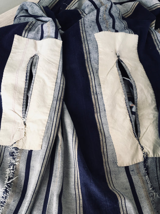 Handwoven blue, white, and toffee striped ticking. Very rare. Spain. Early 1900s