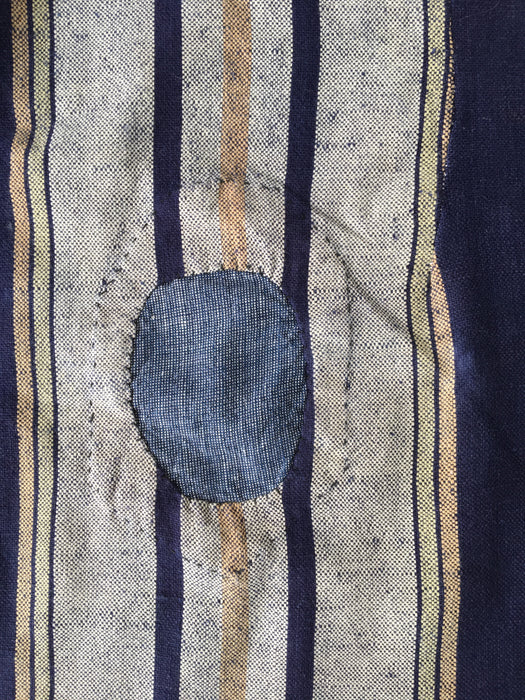 Handwoven blue, white, and toffee striped ticking. Very rare. Spain. Early 1900s