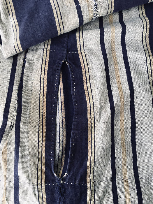 Handwoven blue, white, and toffee striped ticking. Very rare. Spain. Early 1900s