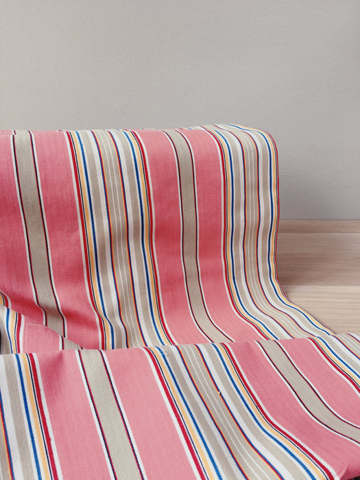 Ticking in pink, taupe, red, blue and yellow stripes. Spain c.1950 - 134×156 cm 