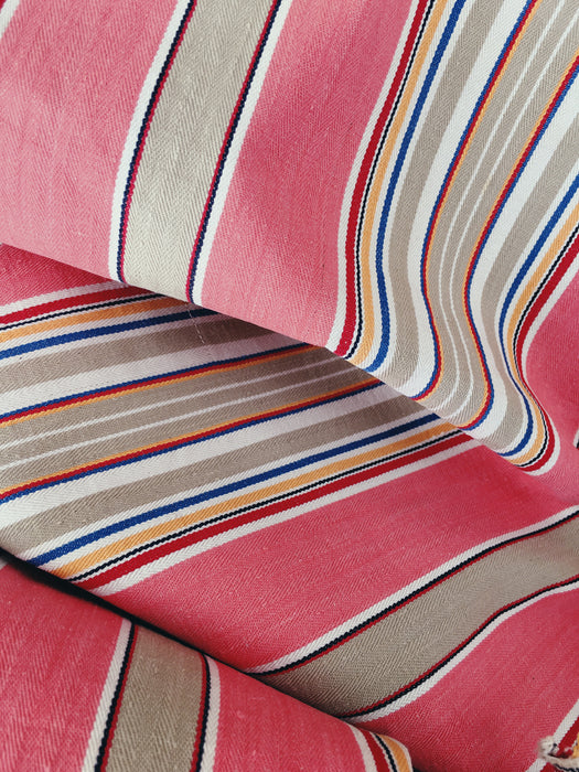 Ticking in pink, taupe, red, blue and yellow stripes. Spain c.1950 - 134×156 cm 