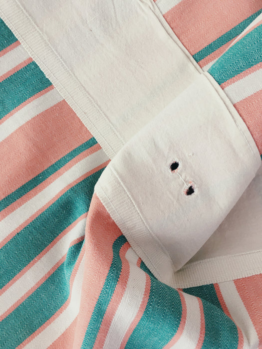 Ticking in green and orange stripes. Spain c.1940 - 135×114 cm