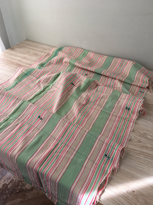 DISTRESSED - Ticking in pale green and red stripes. Very soft. Spain c.1950 - Lot of 4 pieces