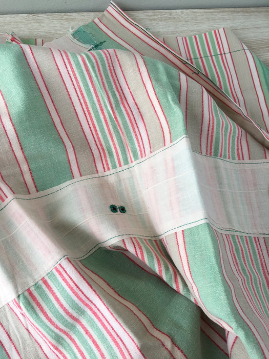 DISTRESSED - Ticking in pale green and red stripes. Very soft. Spain c.1950 - Lot of 4 pieces