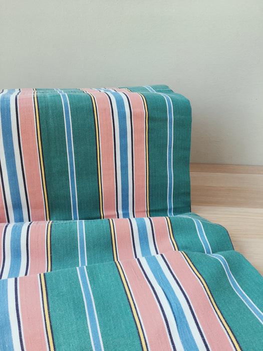 Colorful ticking in orange, blue and green stripes. Spain c.1940 - 52×158 cm