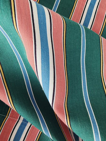Colorful ticking in orange, blue and green stripes. Spain c.1940 - 52×158 cm