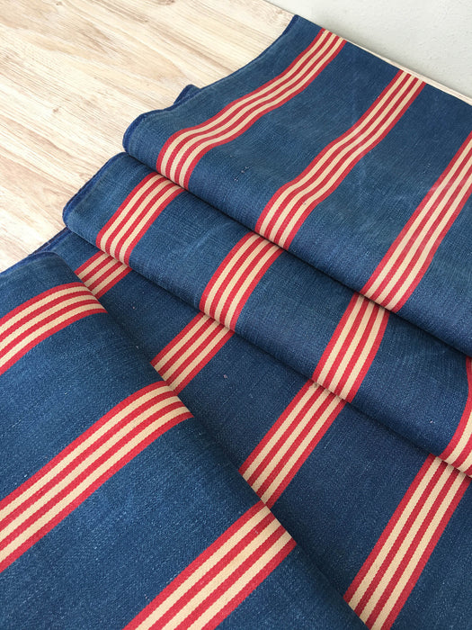 Ticking in indigo blue, red and beige stripes. Sweden c.1900 - 67 cm × 1.84 meters (3.68 m avail.)