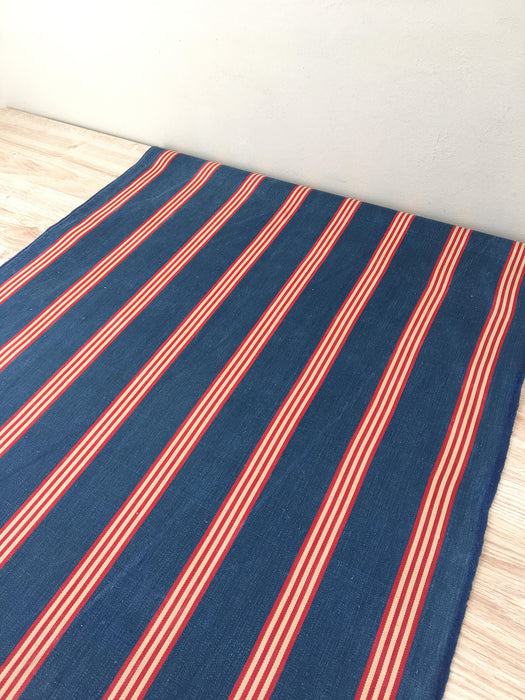 Ticking in indigo blue, red and beige stripes. Sweden c.1900 - 67 cm × 1.84 meters (3.68 m avail.)