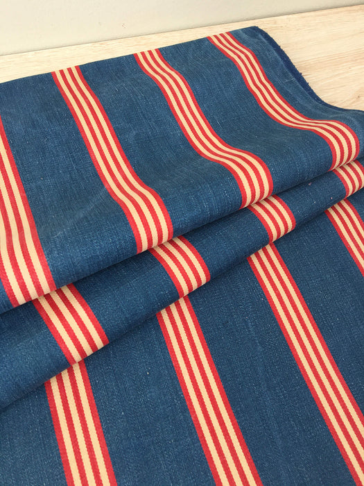 Ticking in indigo blue, red and beige stripes. Sweden c.1900 - 67 cm × 1.84 meters (3.68 m avail.)