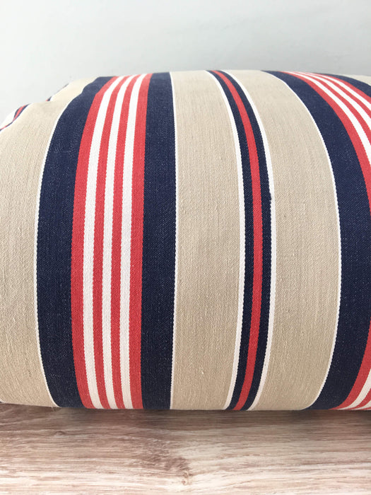 Cushion in blue, red and gray stripes. Sweden c.1940 - 99×55 cm