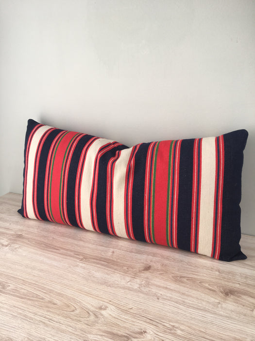 Large wool cushion in white, blue and red stripes. Sweden c.1900 - 88×45 cm