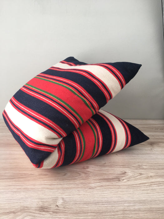 Large wool cushion in white, blue and red stripes. Sweden c.1900 - 88×45 cm