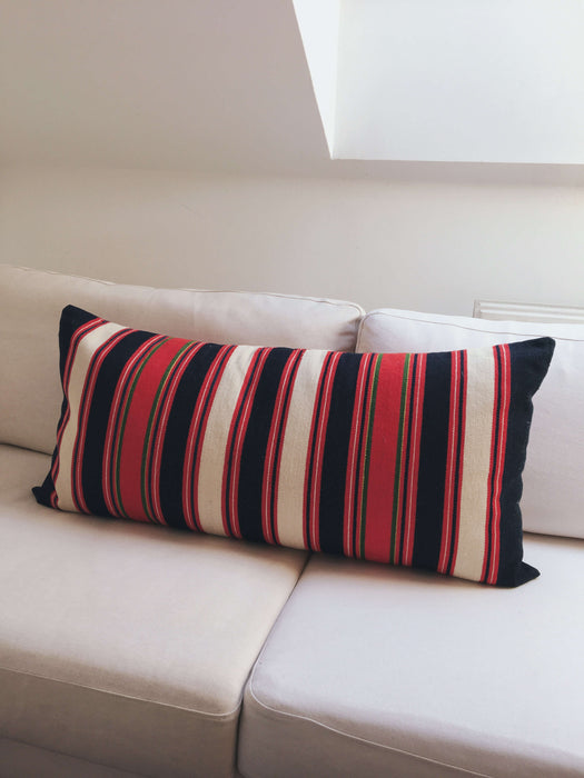 Large wool cushion in white, blue and red stripes. Sweden c.1900 - 88×45 cm