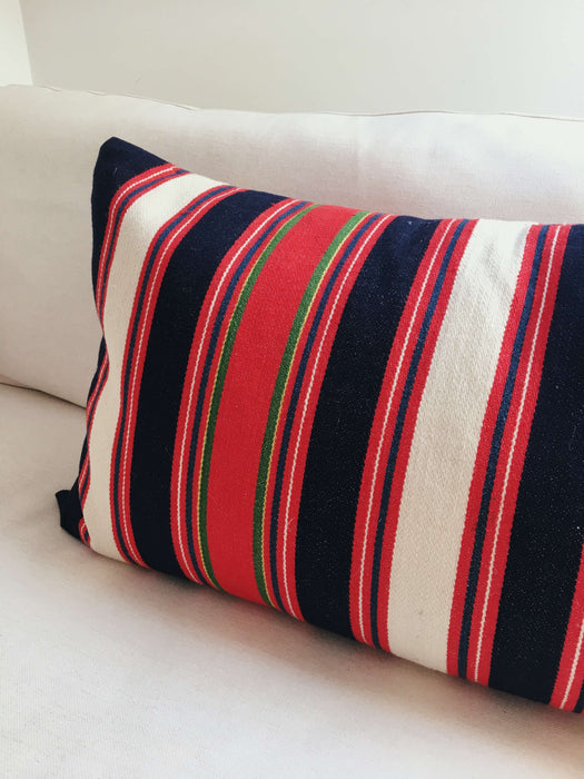 Large wool cushion in white, blue and red stripes. Sweden c.1900 - 88×45 cm