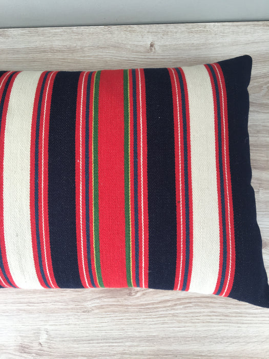 Large wool cushion in white, blue and red stripes. Sweden c.1900 - 88×45 cm