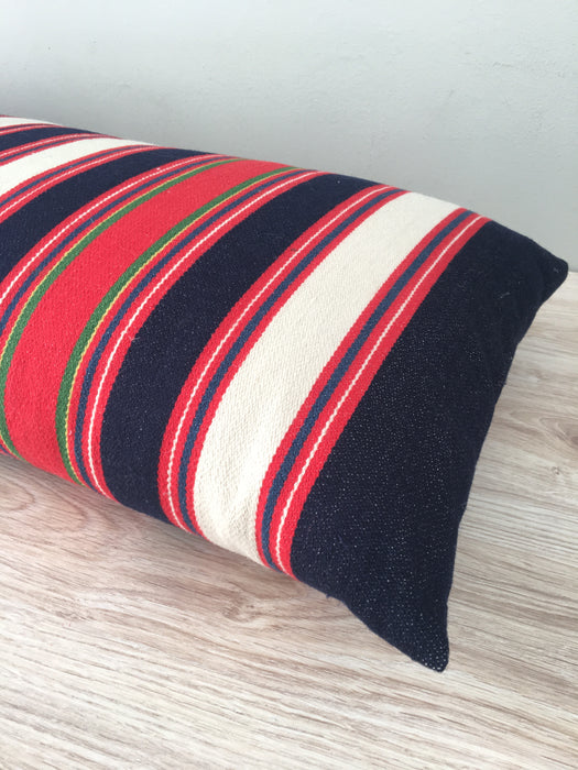 Large wool cushion in white, blue and red stripes. Sweden c.1900 - 88×45 cm