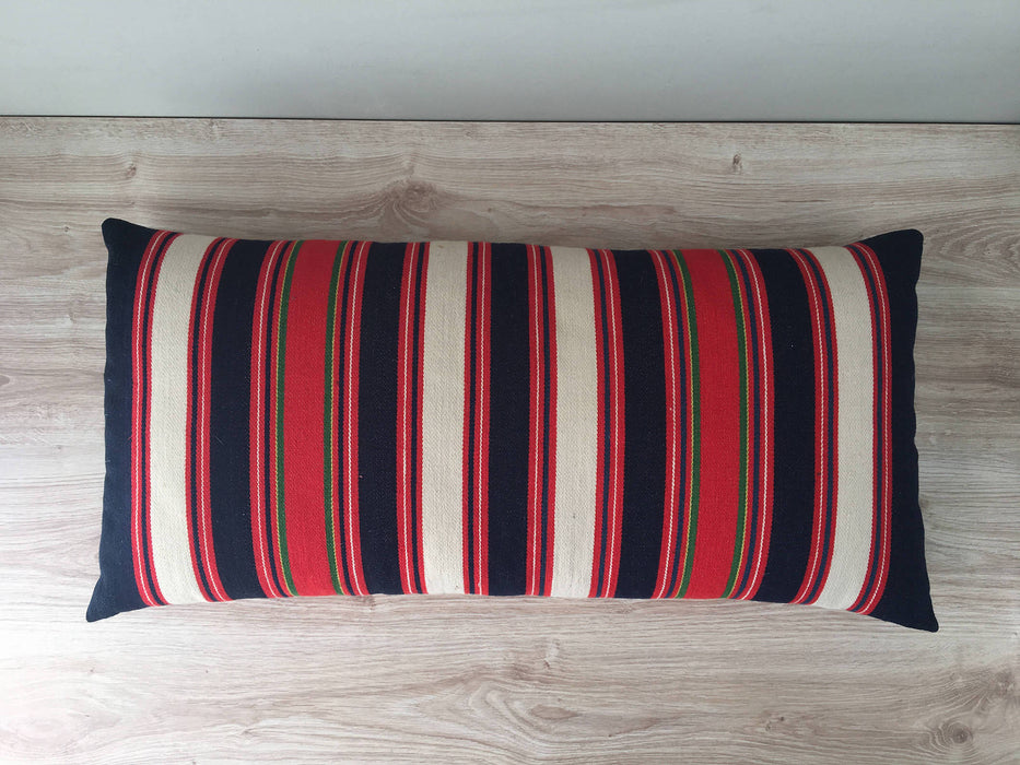 Large wool cushion in white, blue and red stripes. Sweden c.1900 - 88×45 cm