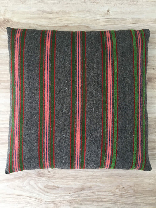 Cushion in pink, green, and gray stripes. Wool. Sweden c.1900