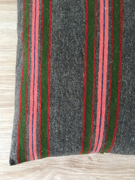 Cushion in pink, green, and gray stripes. Wool. Sweden c.1900