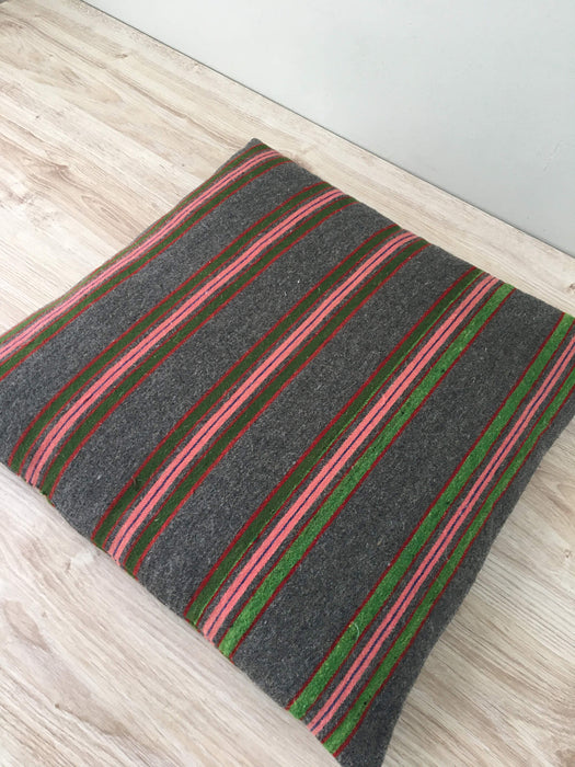 Cushion in pink, green, and gray stripes. Wool. Sweden c.1900