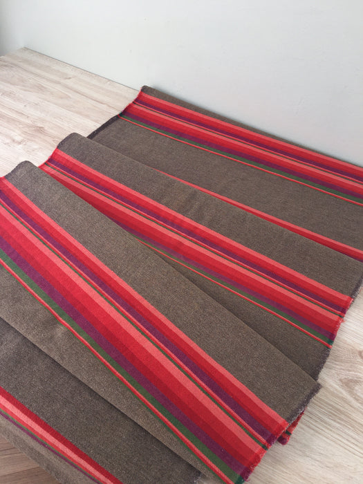 Long panels that were once a Swedish bolster in brown and vibrant warm colors (red, pink, orange, …). c.1900