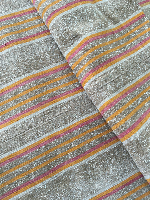 Swedish ticking in faded brown, yellow, red and white stripes linen. c.1900 - Lot of 2 pieces (~2.15 meters)