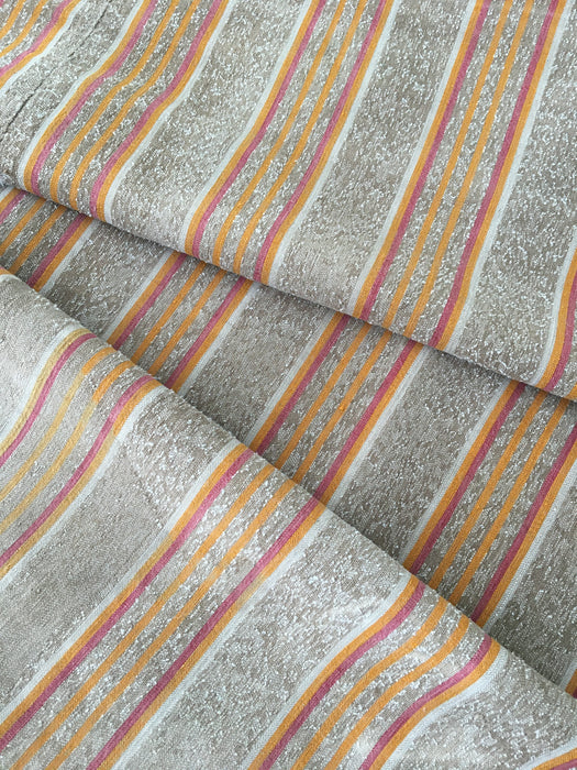 Swedish ticking in faded brown, yellow, red and white stripes linen. c.1900 - Lot of 2 pieces (~2.15 meters)