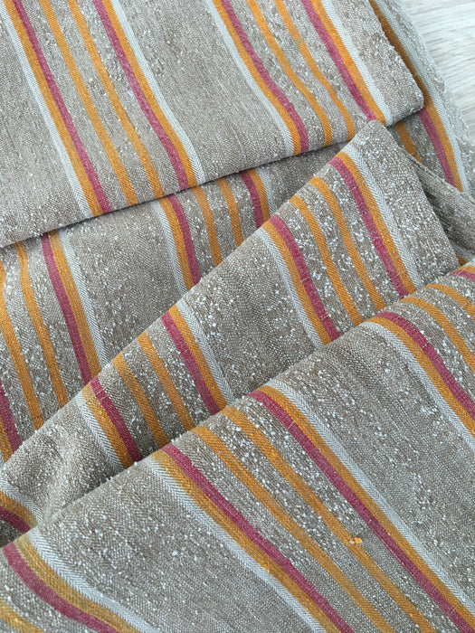 Swedish ticking in faded brown, yellow, red and white stripes linen. c.1900 - Lot of 2 pieces (~2.15 meters)