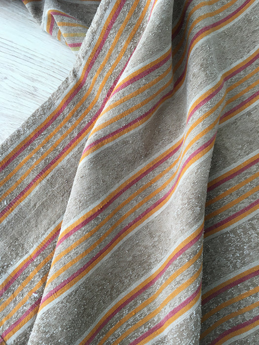 Swedish ticking in faded brown, yellow, red and white stripes linen. c.1900 - Lot of 2 pieces (~2.15 meters)