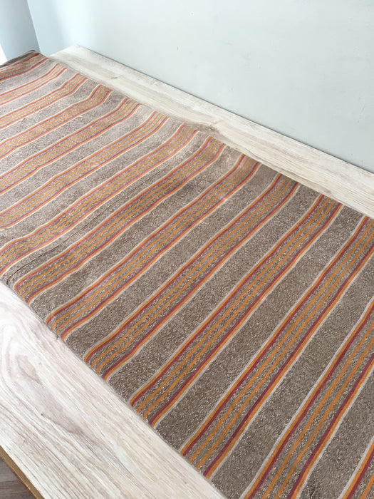 Swedish ticking in faded brown, yellow, red and white stripes linen. c.1900 - Lot of 2 pieces (~2.15 meters)