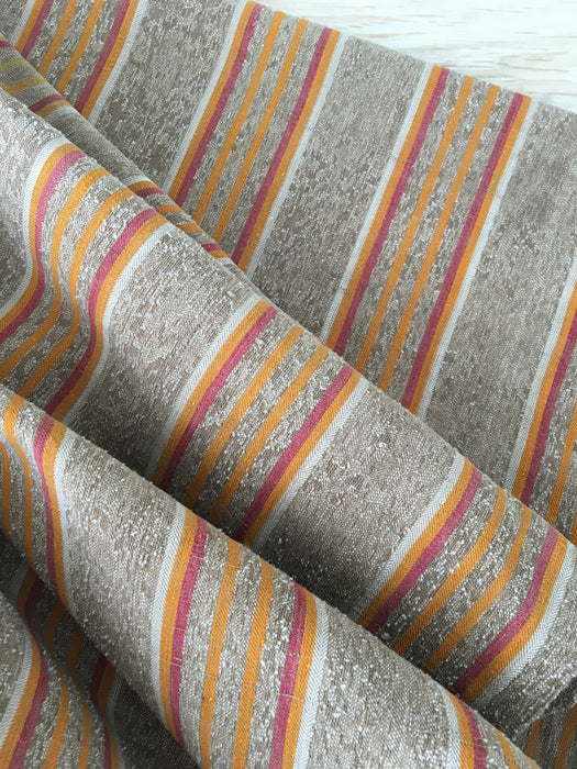 Swedish ticking in faded brown, yellow, red and white stripes linen. c.1900 - Lot of 2 pieces (~2.15 meters)