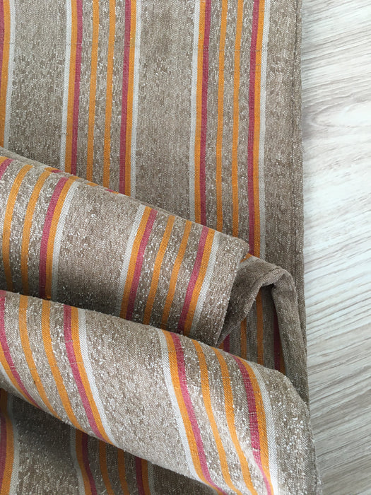 Swedish ticking in faded brown, yellow, red and white stripes linen. c.1900 - Lot of 2 pieces (~2.15 meters)