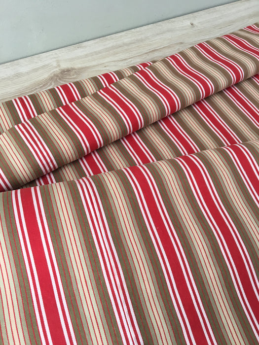 Swedish ticking in olive, red, and white stripes. c.1940 - 65 cm × 3.8 meters (2 pieces avail.)